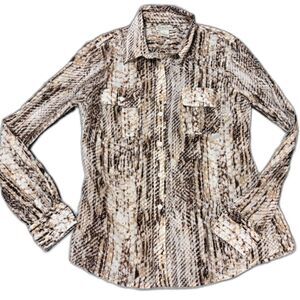 Lucky Brand Blouse M White Brown Snakeskin Print Roll Tab Sleeve Bohochic Casual